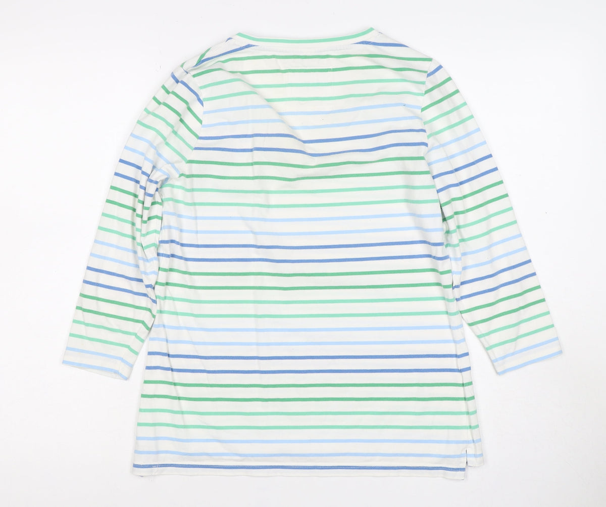 Lighthouse Women’s White Blue Green Striped V-Neck Jersey Top UK 10