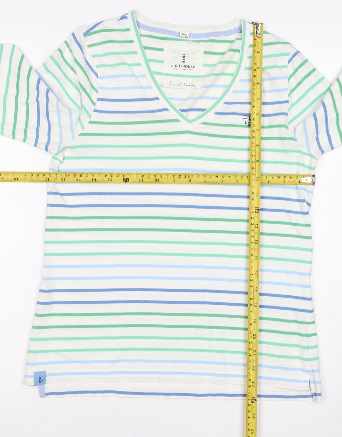 Lighthouse Women’s White Blue Green Striped V-Neck Jersey Top UK 10