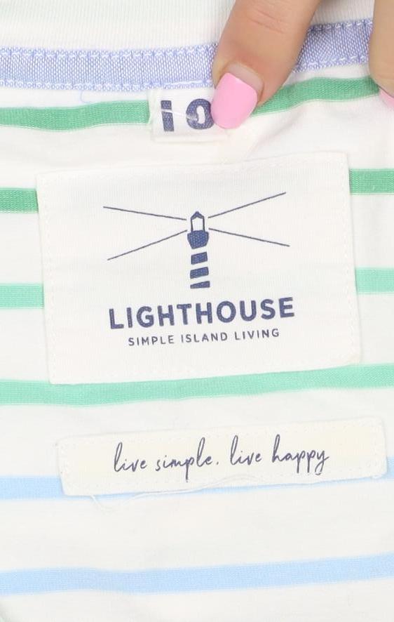 Lighthouse Women’s White Blue Green Striped V-Neck Jersey Top UK 10
