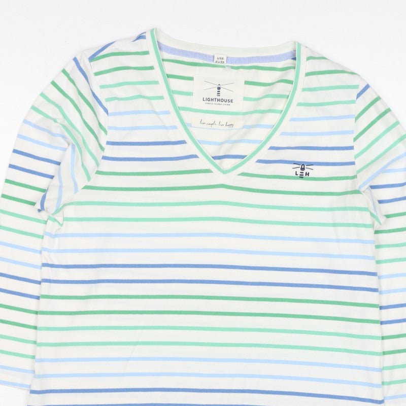 Lighthouse Women’s White Blue Green Striped V-Neck Jersey Top UK 10