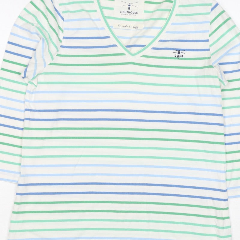 Lighthouse Women’s White Blue Green Striped V-Neck Jersey Top UK 10