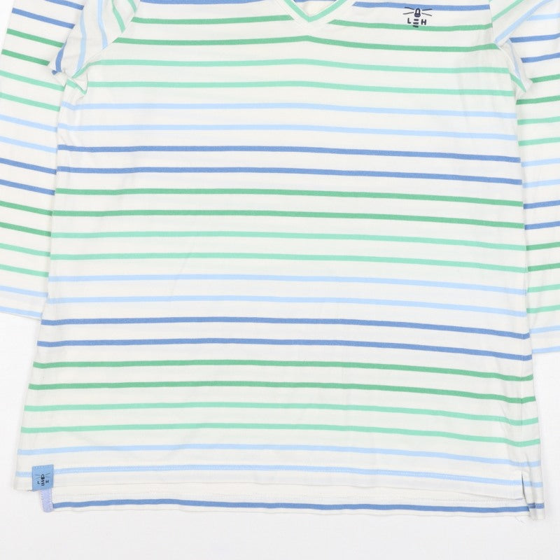 Lighthouse Women’s White Blue Green Striped V-Neck Jersey Top UK 10