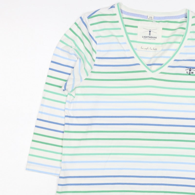 Lighthouse Women’s White Blue Green Striped V-Neck Jersey Top UK 10