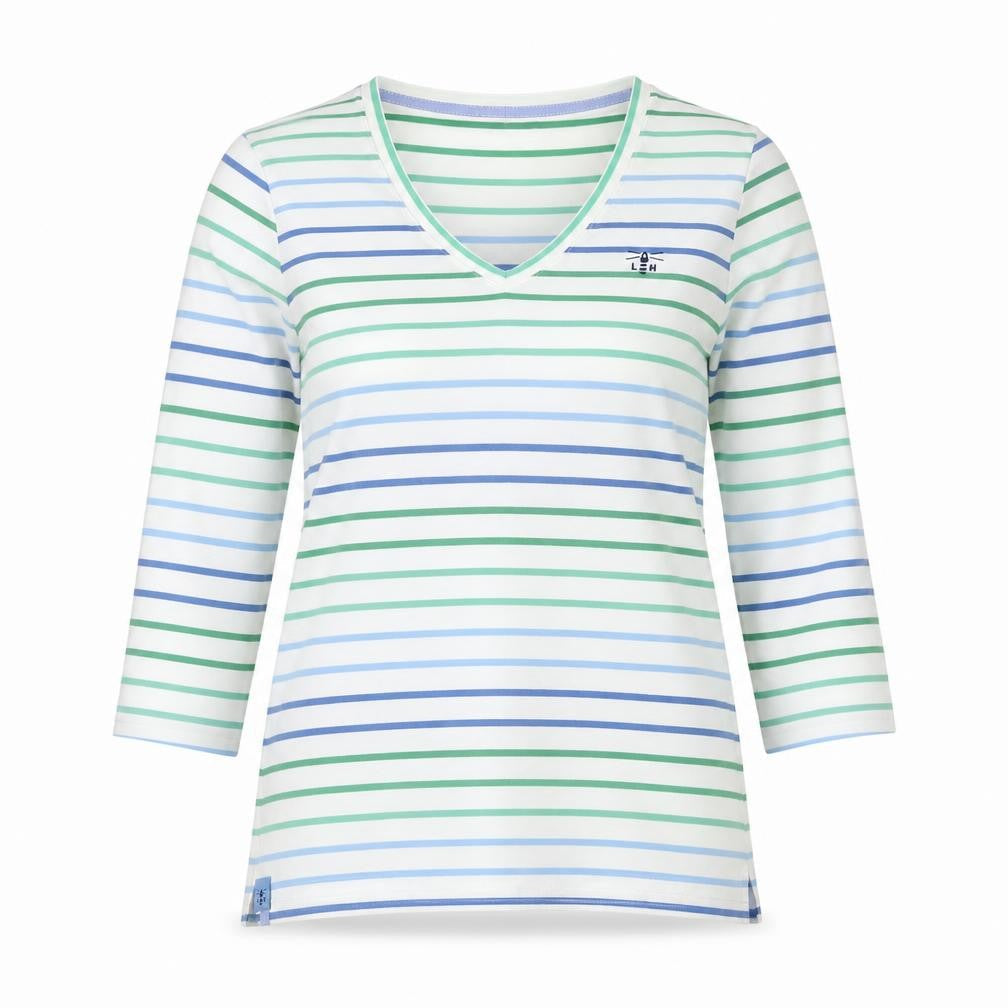 Lighthouse Women’s White Blue Green Striped V-Neck Jersey Top UK 10