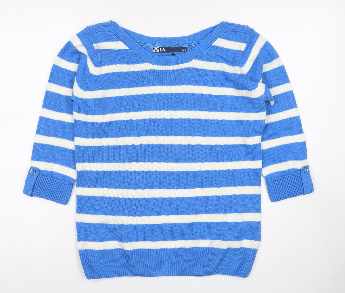 Isle Women’s Blue White Striped Boat Neck Button Jumper UK 10