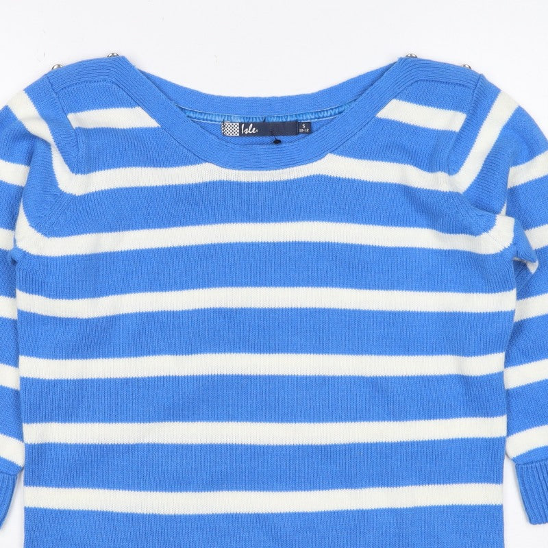 Isle Women’s Blue White Striped Boat Neck Button Jumper UK 10