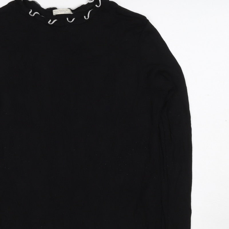 Zara Trafaluc Women’s Black 2XS Ribbed Ruffle High Neck Top
