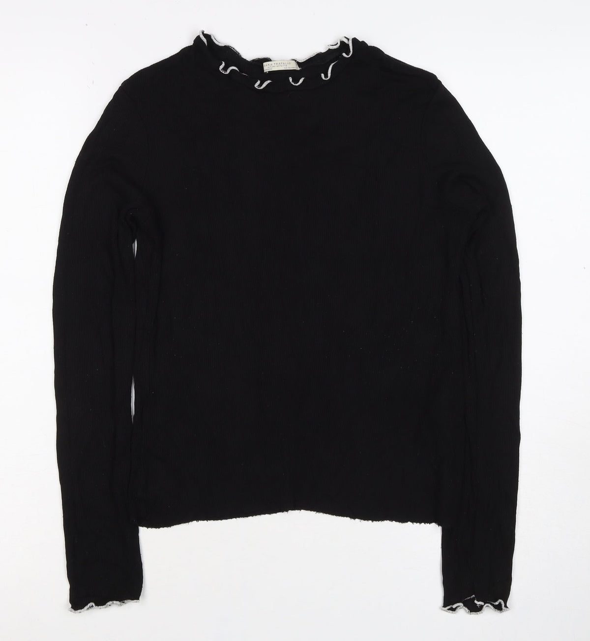 Zara Trafaluc Women’s Black 2XS Ribbed Ruffle High Neck Top