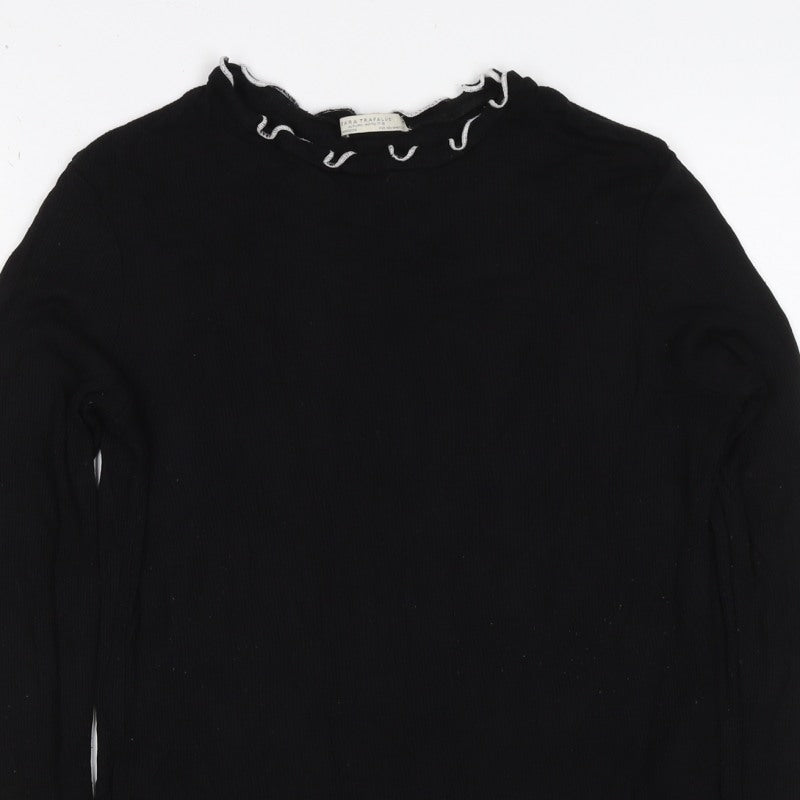 Zara Trafaluc Women’s Black 2XS Ribbed Ruffle High Neck Top