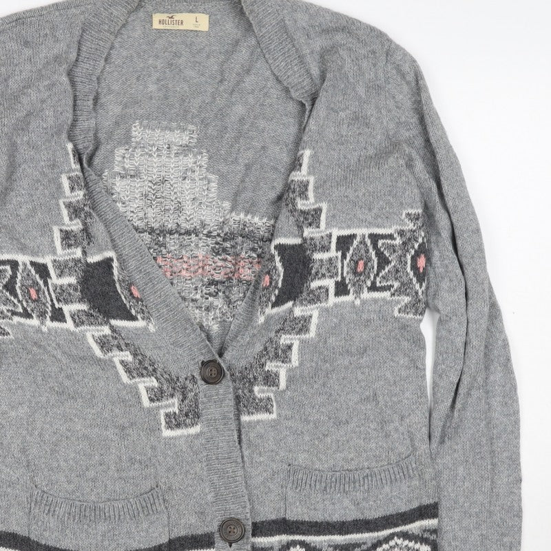 Hollister Women Grey L Aztec Geometric Knit Button Cardigan