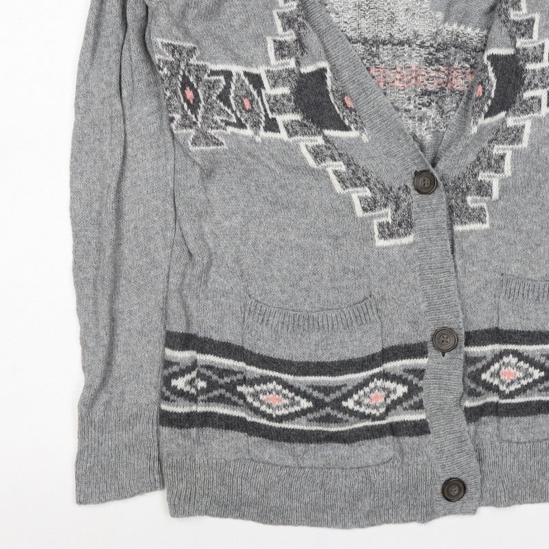 Hollister Women Grey L Aztec Geometric Knit Button Cardigan