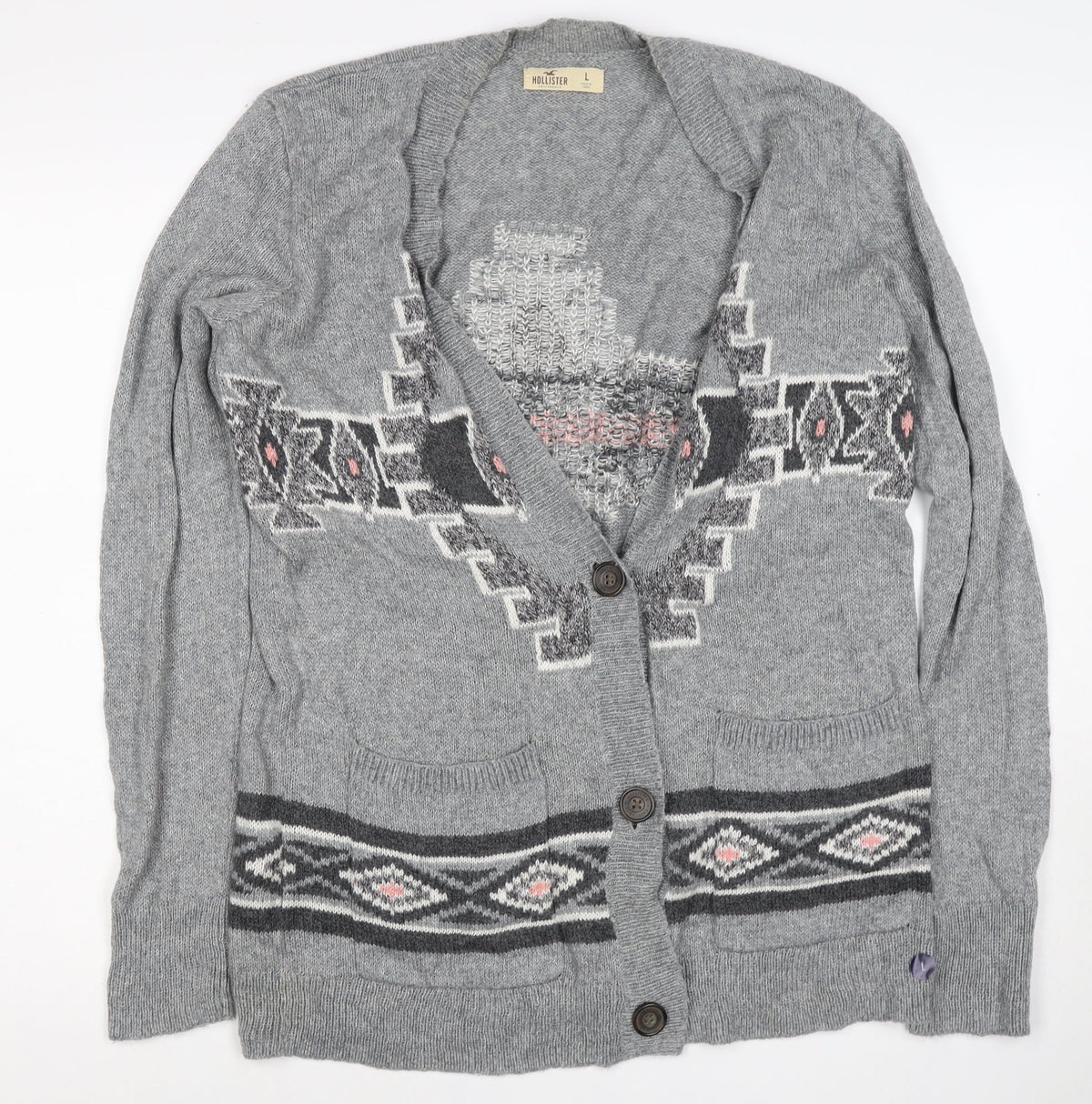 Hollister Women Grey L Aztec Geometric Knit Button Cardigan