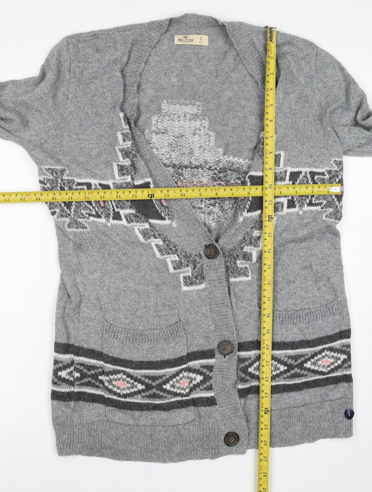 Hollister Women Grey L Aztec Geometric Knit Button Cardigan