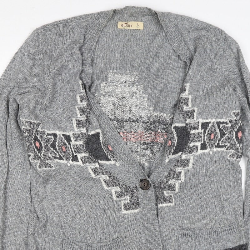 Hollister Women Grey L Aztec Geometric Knit Button Cardigan