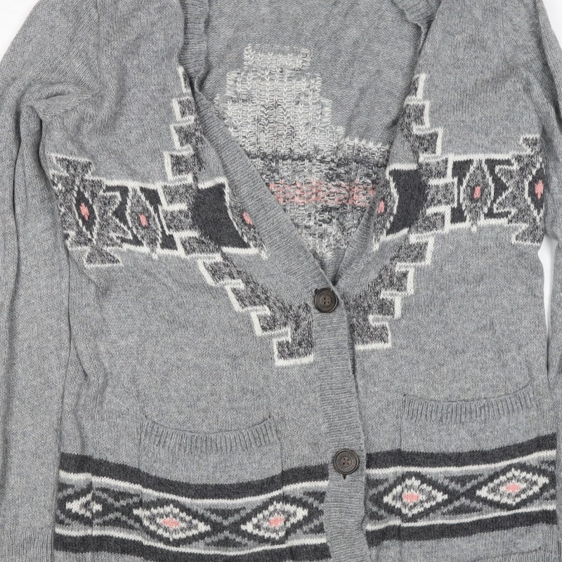 Hollister Women Grey L Aztec Geometric Knit Button Cardigan