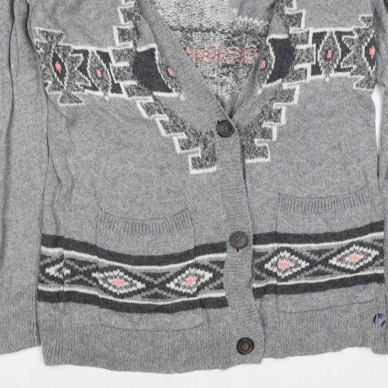 Hollister Women Grey L Aztec Geometric Knit Button Cardigan