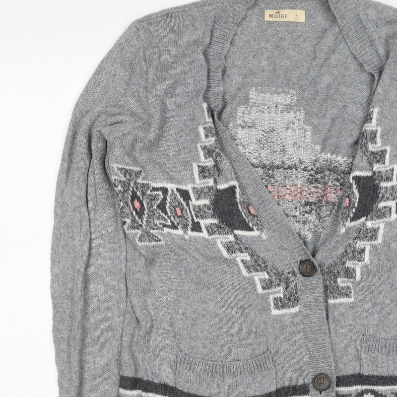 Hollister Women Grey L Aztec Geometric Knit Button Cardigan