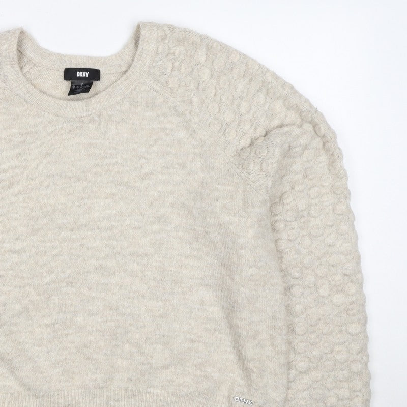 DKNY Women Ivory L Bobble Sleeve Crew Neck Knit Pullover Jumper