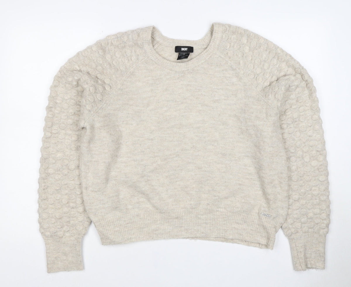DKNY Women Ivory L Bobble Sleeve Crew Neck Knit Pullover Jumper