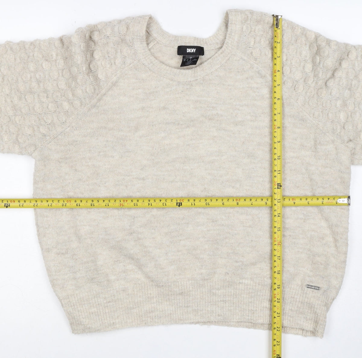 DKNY Women Ivory L Bobble Sleeve Crew Neck Knit Pullover Jumper