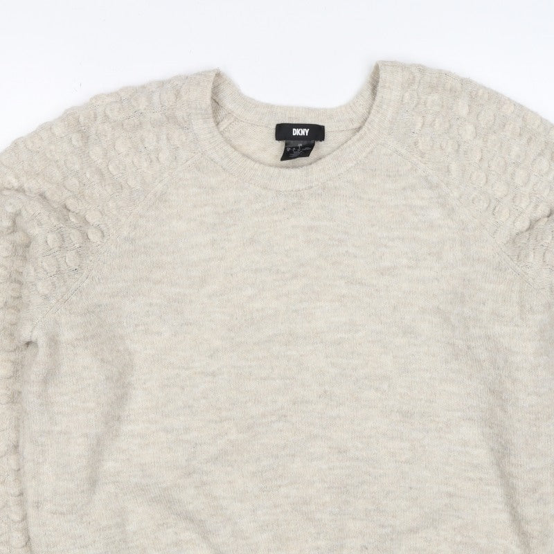 DKNY Women Ivory L Bobble Sleeve Crew Neck Knit Pullover Jumper