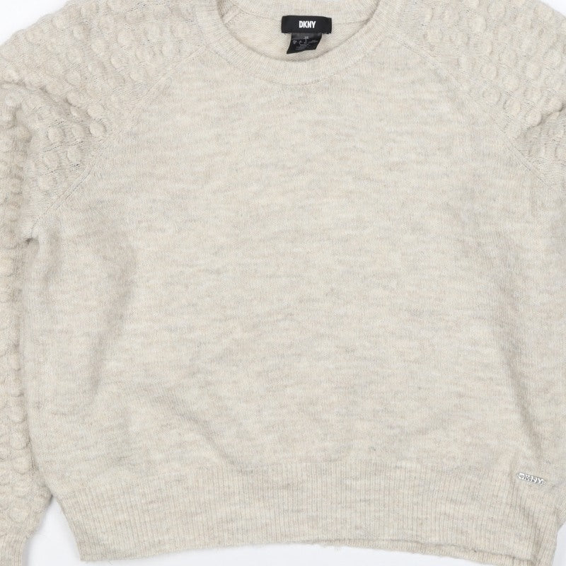 DKNY Women Ivory L Bobble Sleeve Crew Neck Knit Pullover Jumper