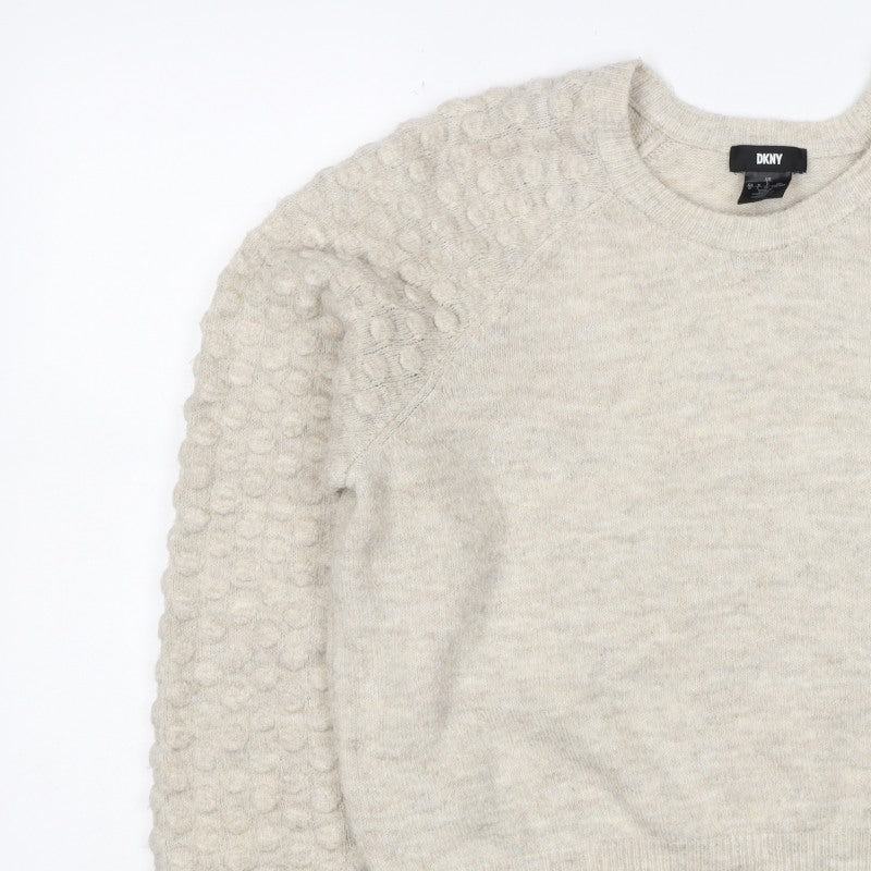 DKNY Women Ivory L Bobble Sleeve Crew Neck Knit Pullover Jumper