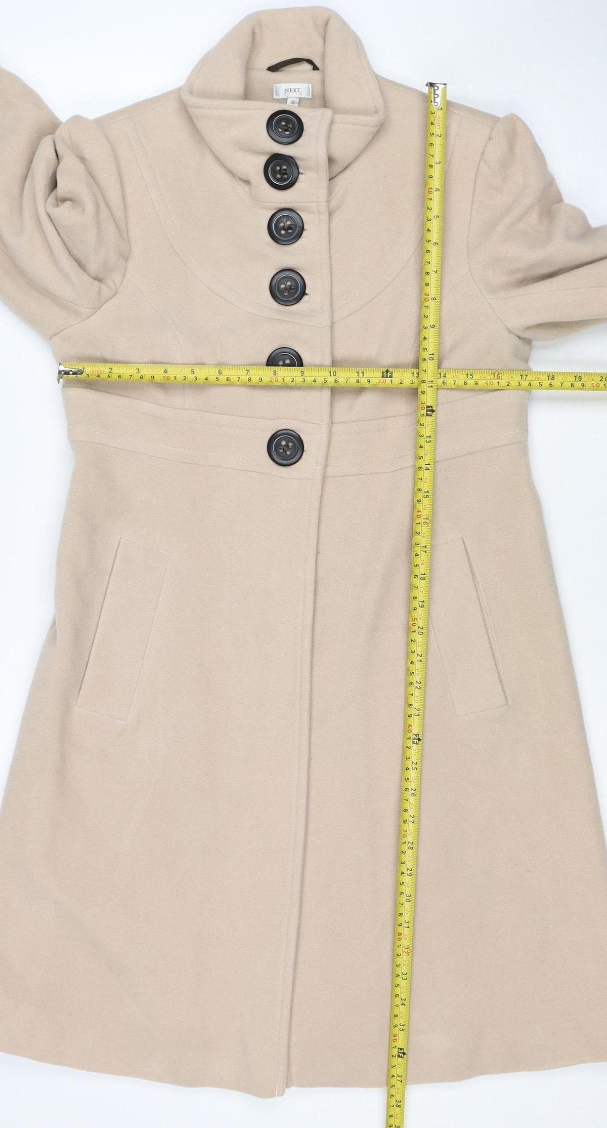 Next Women’s Beige Wool Blend Long Overcoat Size 10 Buttoned