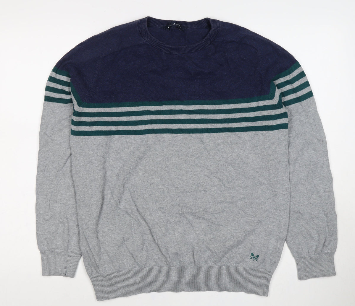Crew Clothing Company Men's Grey L Striped Cotton Crew Neck Jumper