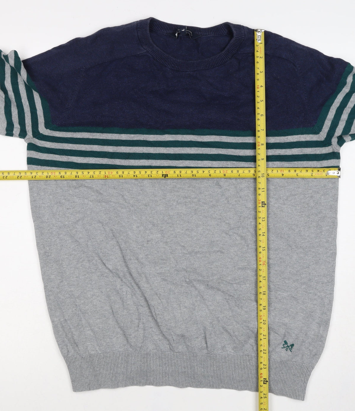 Crew Clothing Company Men's Grey L Striped Cotton Crew Neck Jumper