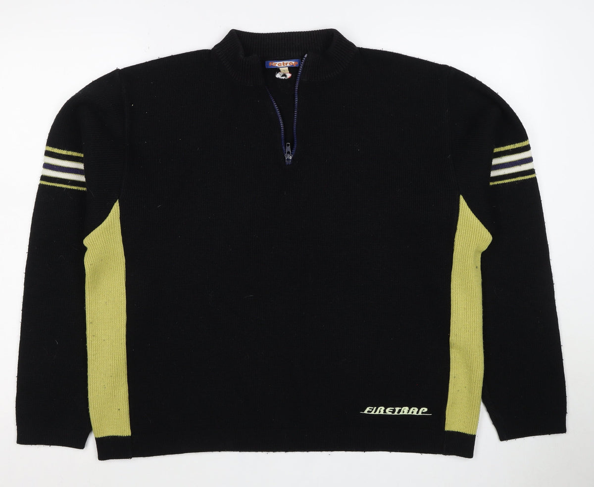 Firetrap Men's Black Yellow L 1/4 Zip High Neck Wool Blend Jumper
