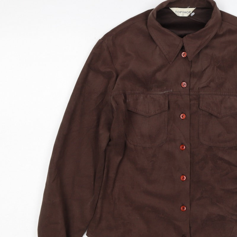 Topshop Women Brown UK 14 Basic Collared Long Sleeve Button-Up Shirt