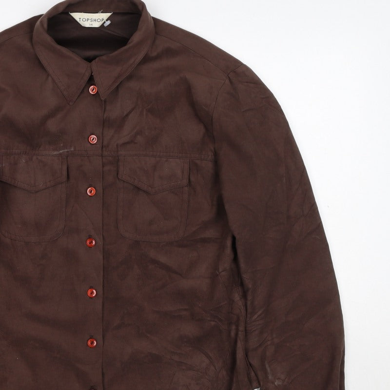 Topshop Women Brown UK 14 Basic Collared Long Sleeve Button-Up Shirt