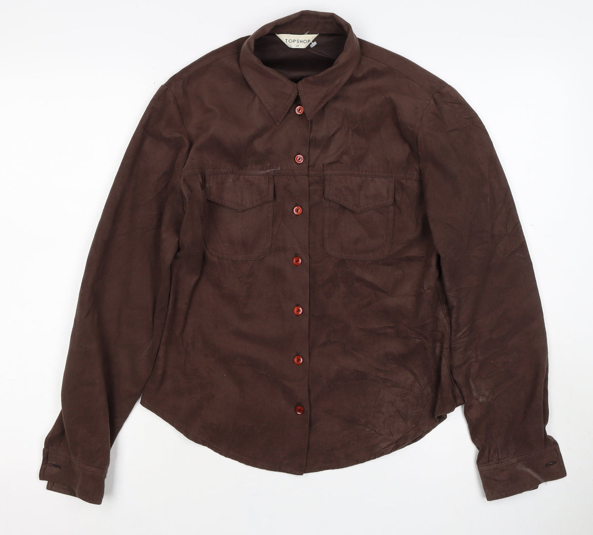 Topshop Women Brown UK 14 Basic Collared Long Sleeve Button-Up Shirt