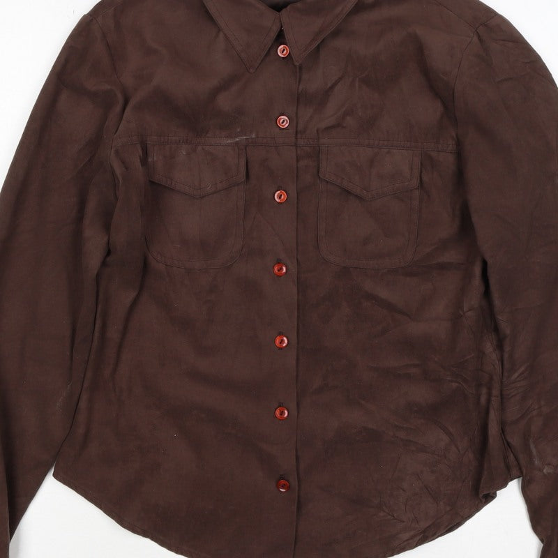 Topshop Women Brown UK 14 Basic Collared Long Sleeve Button-Up Shirt