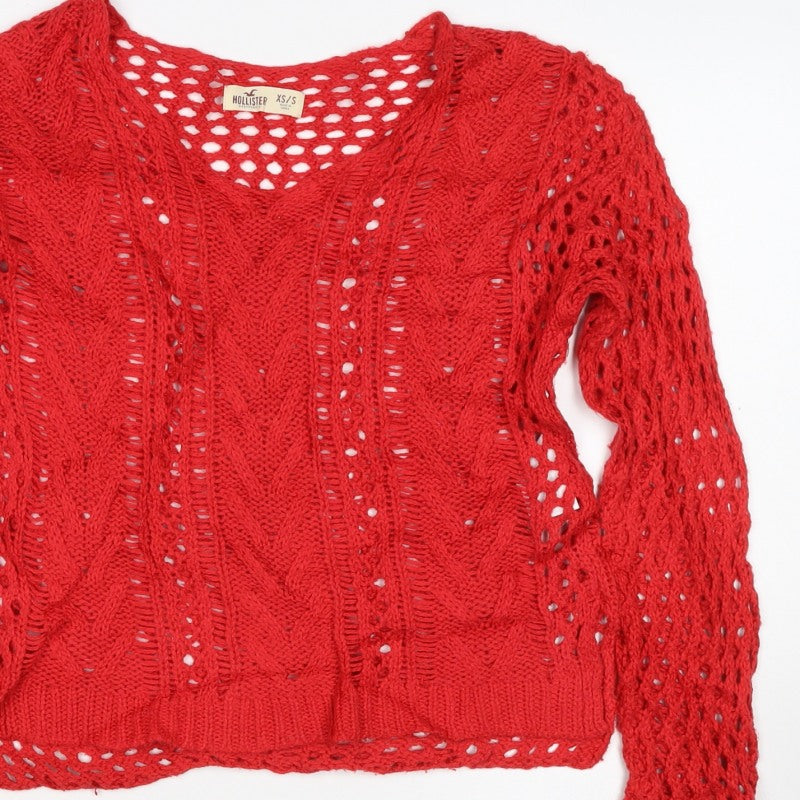 Hollister Women’s Red XS V-Neck Open Cable Knit Jumper