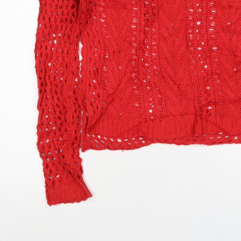 Hollister Women’s Red XS V-Neck Open Cable Knit Jumper