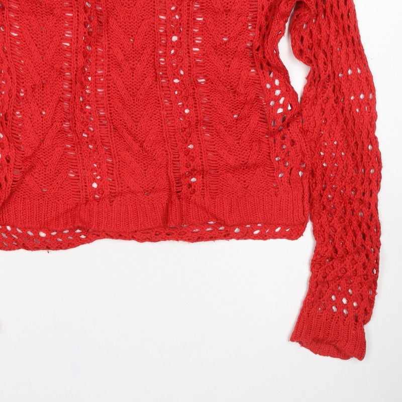 Hollister Women’s Red XS V-Neck Open Cable Knit Jumper
