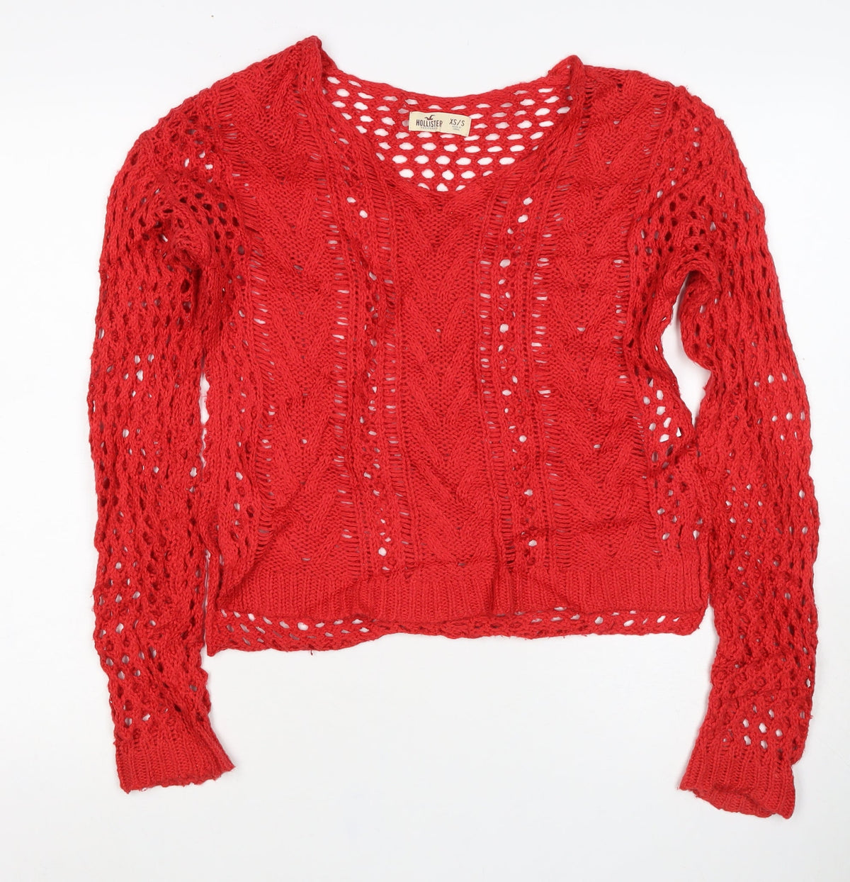 Hollister Women’s Red XS V-Neck Open Cable Knit Jumper