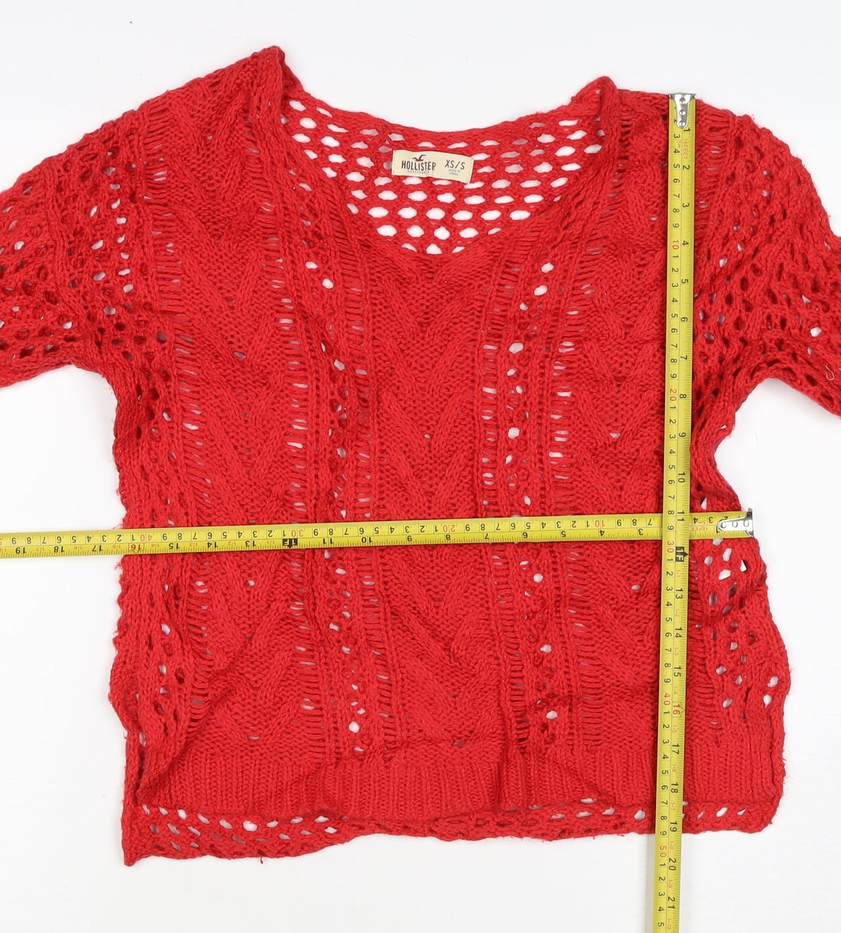 Hollister Women’s Red XS V-Neck Open Cable Knit Jumper