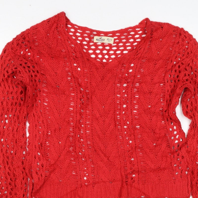 Hollister Women’s Red XS V-Neck Open Cable Knit Jumper
