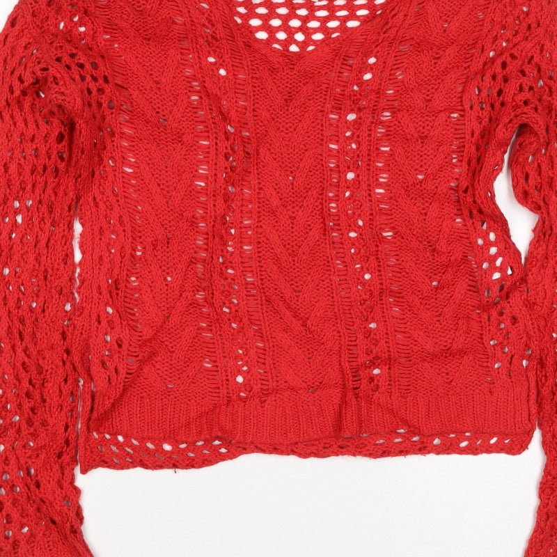 Hollister Women’s Red XS V-Neck Open Cable Knit Jumper