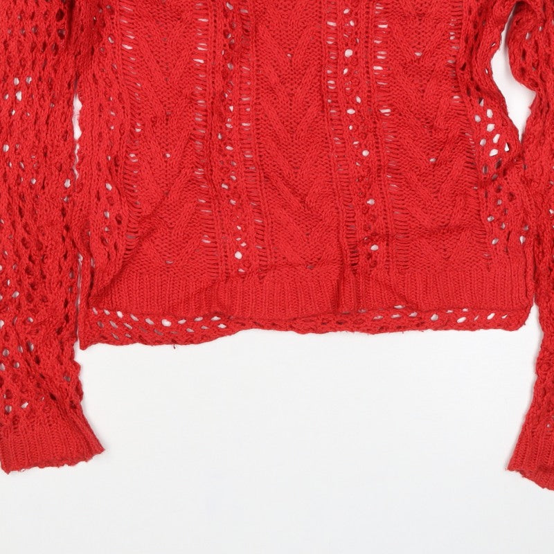 Hollister Women’s Red XS V-Neck Open Cable Knit Jumper