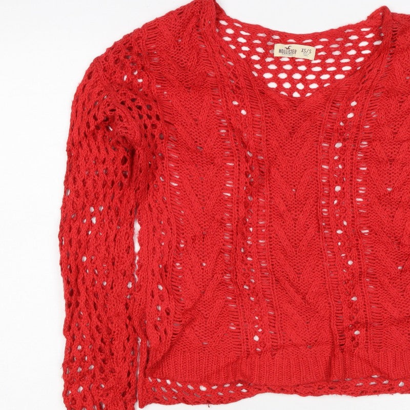 Hollister Women’s Red XS V-Neck Open Cable Knit Jumper
