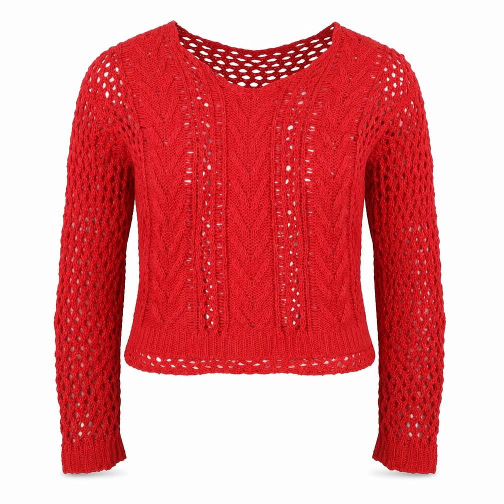 Hollister Women’s Red XS V-Neck Open Cable Knit Jumper