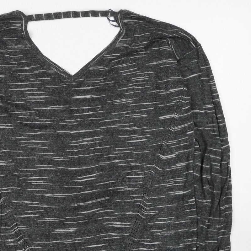 Marks and Spencer Women Grey M Striped V-Neck Long Sleeve Jersey Top