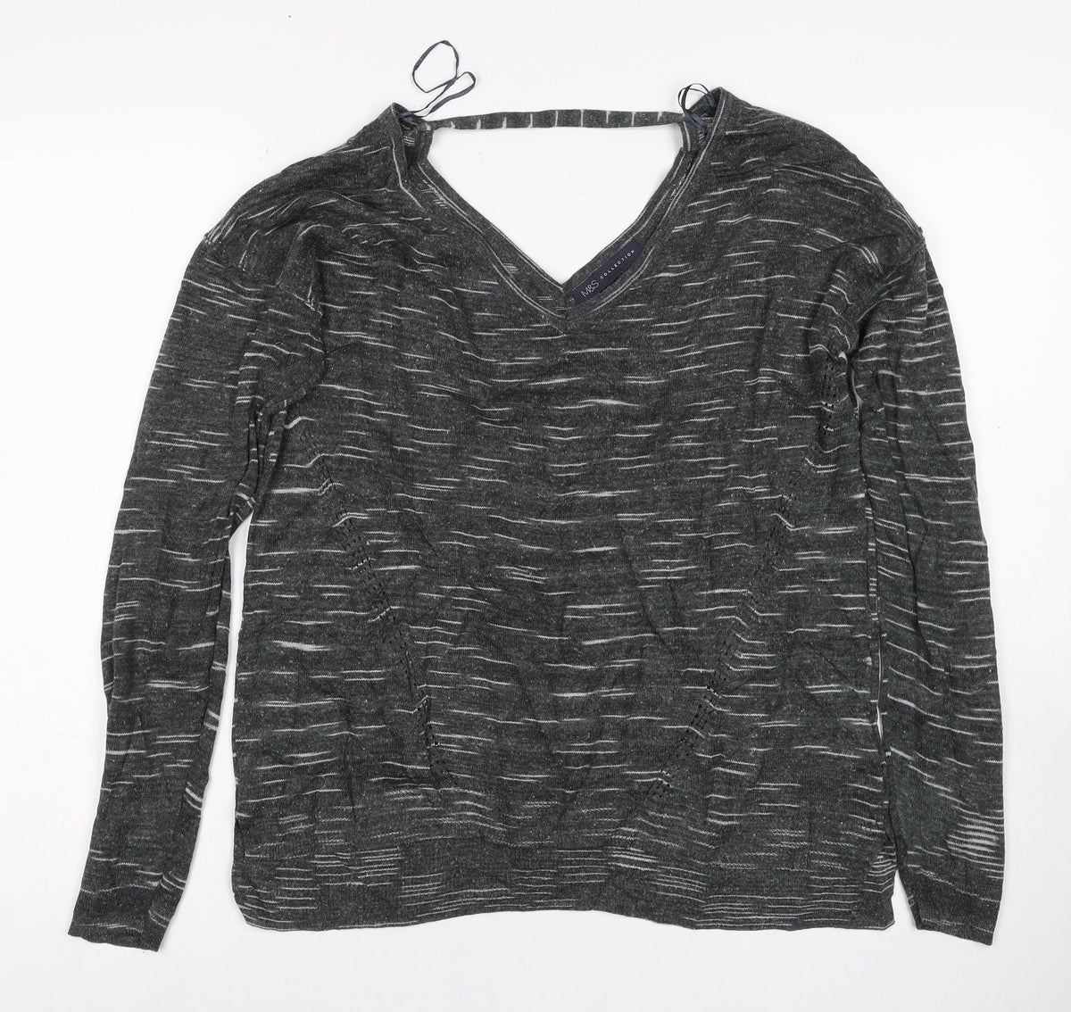 Marks and Spencer Women Grey M Striped V-Neck Long Sleeve Jersey Top