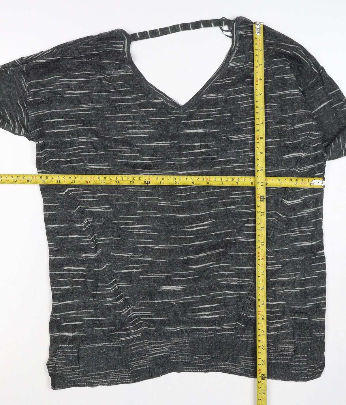 Marks and Spencer Women Grey M Striped V-Neck Long Sleeve Jersey Top