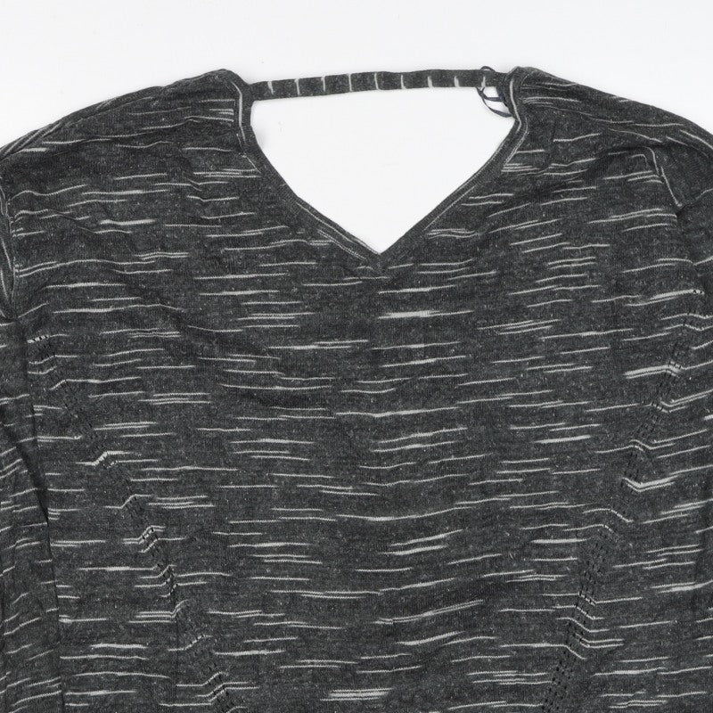 Marks and Spencer Women Grey M Striped V-Neck Long Sleeve Jersey Top