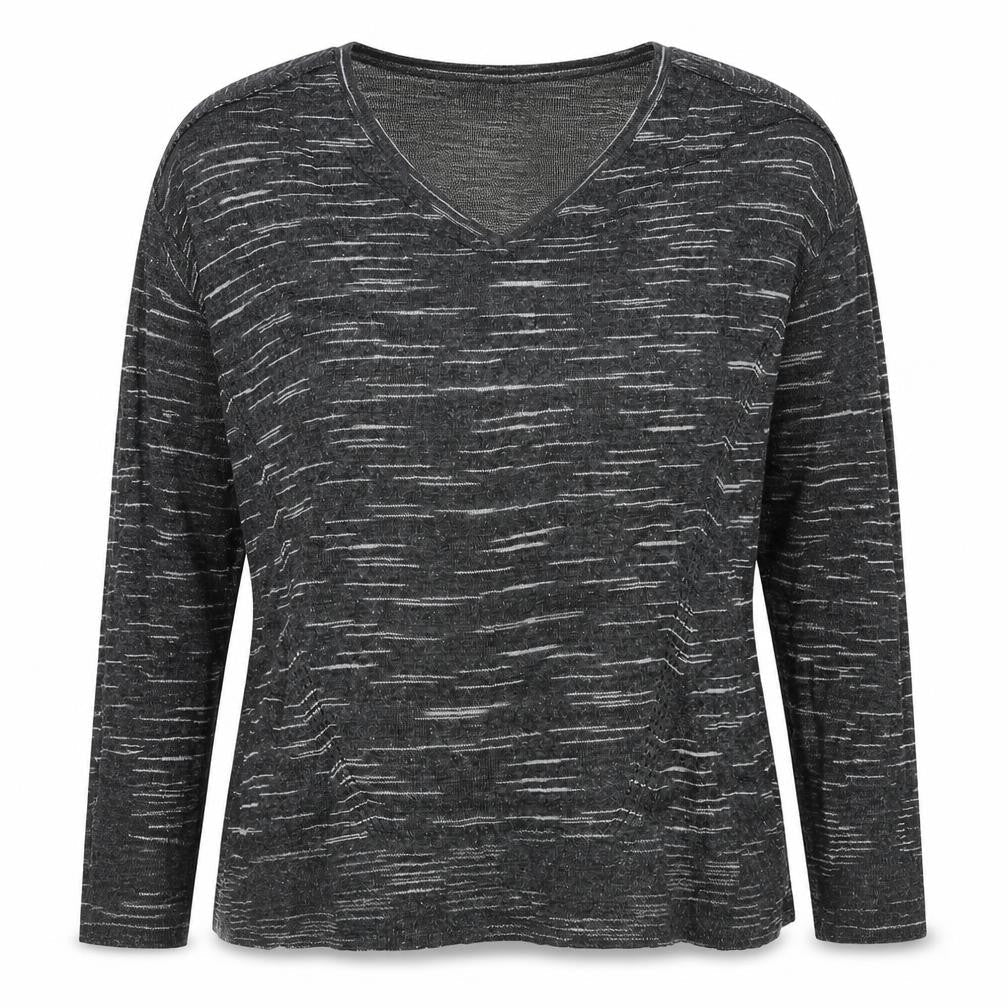 Marks and Spencer Women Grey M Striped V-Neck Long Sleeve Jersey Top